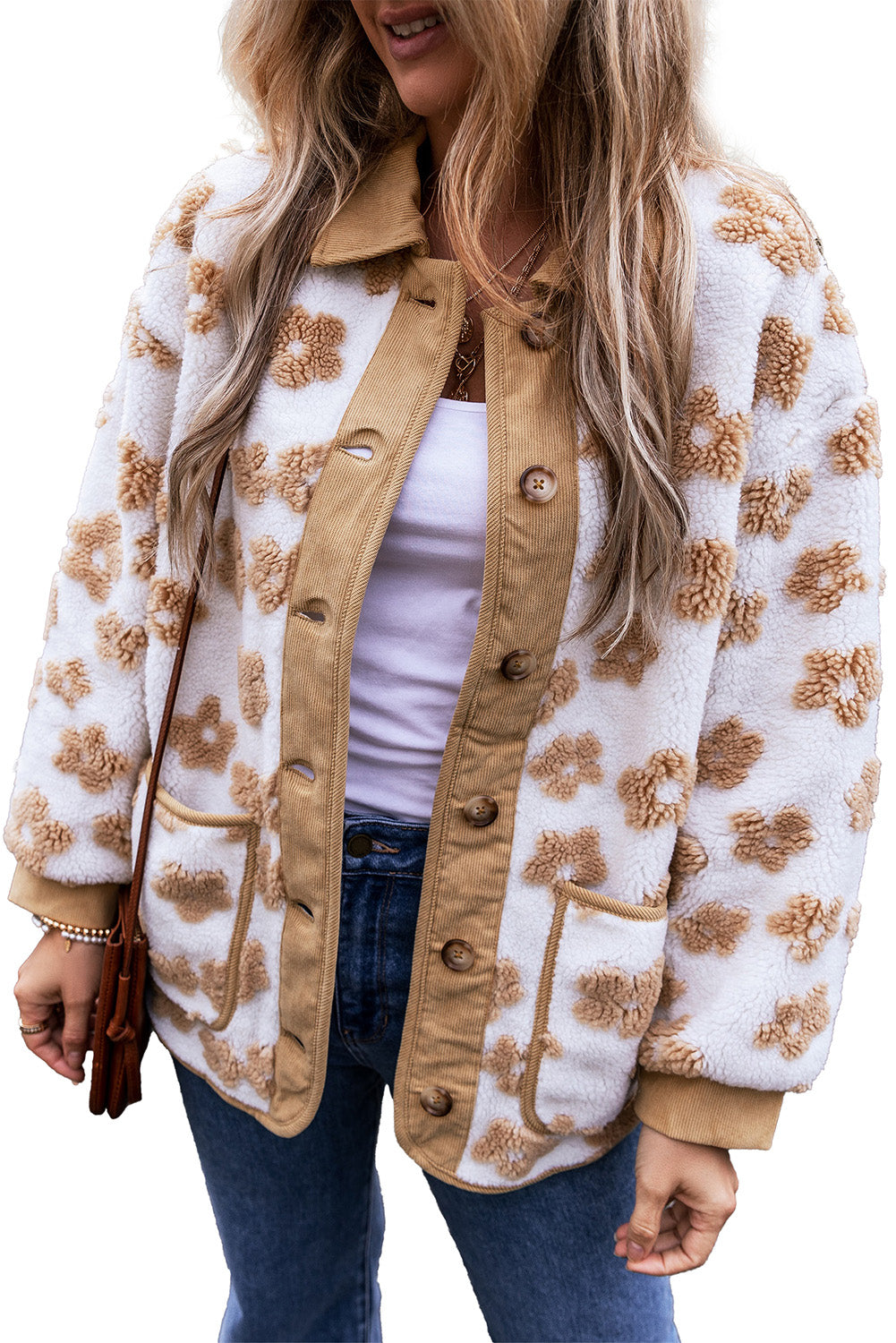 Cute Flower Pattern Button Up Fleece Jacket - KaleaBoutique.com