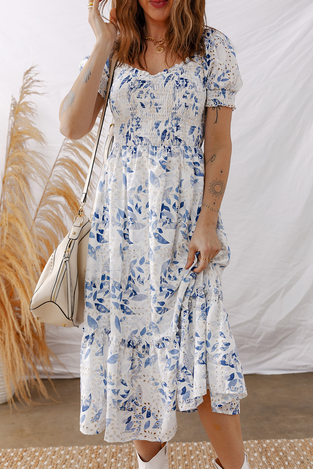 Smocked Bodice Short Puff Sleeve Tiered Floral Midi Dress - KaleaBoutique.com