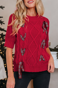 KaleaBoutique Comfortable Plaid Lace up Detail Christmas Holiday Puff Short Sleeve Sweater - KaleaBoutique.com