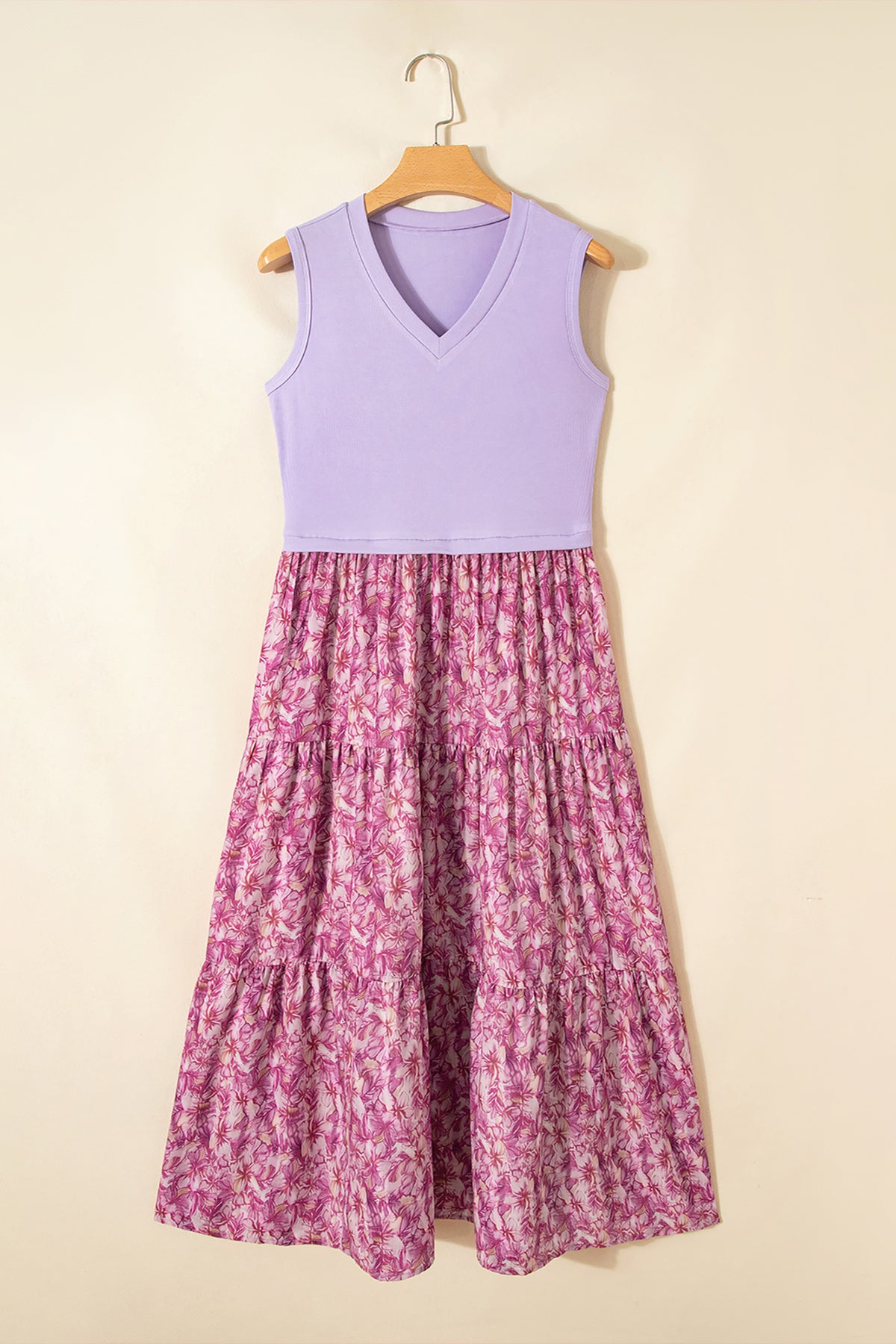 KaleaBoutique Stylish Ribbed V Neck Tank Floral Contrast Patchwork Long Dress - KaleaBoutique.com