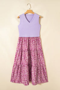 KaleaBoutique Stylish Ribbed V Neck Tank Floral Contrast Patchwork Long Dress - KaleaBoutique.com