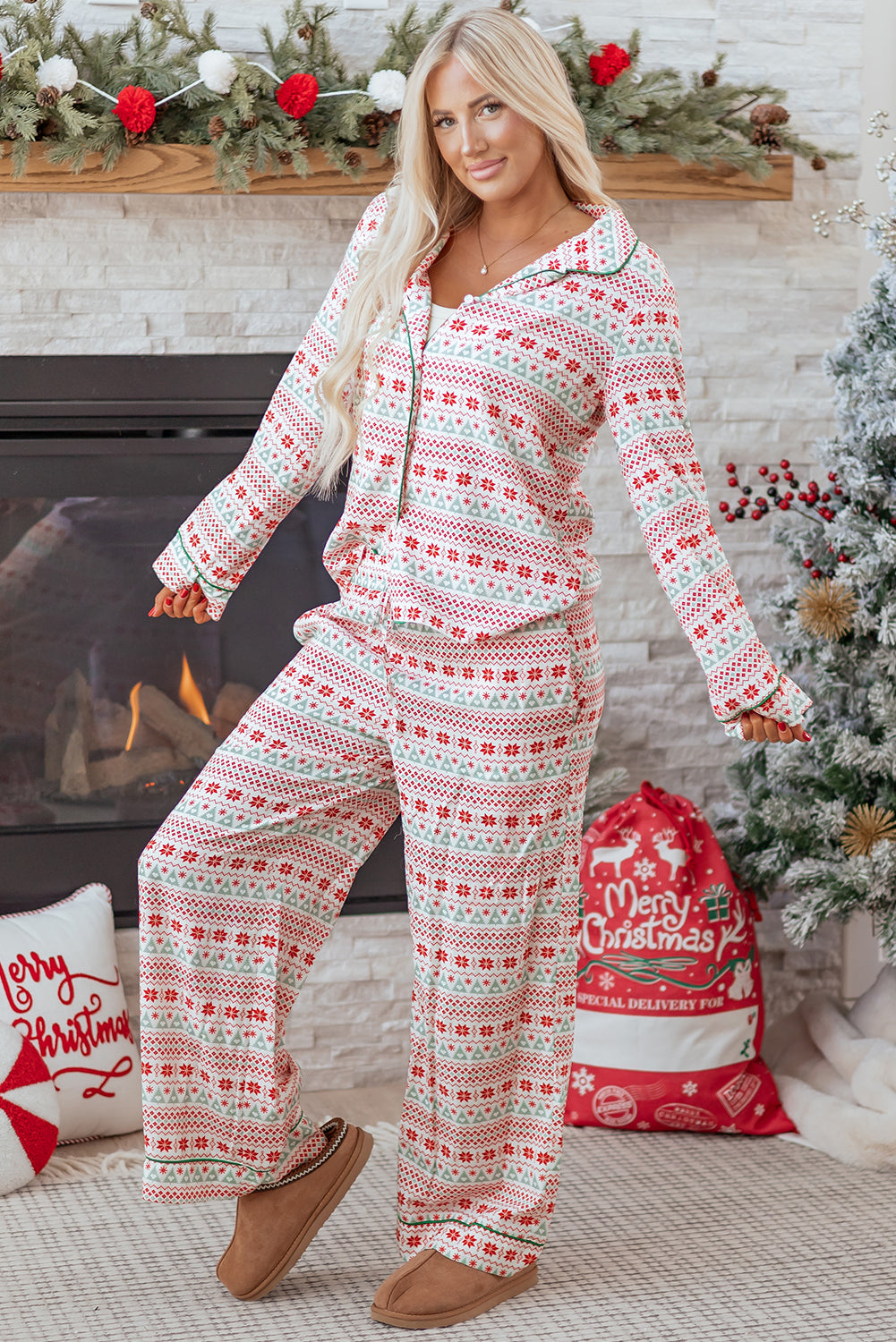 KaleaBoutique Comfortable Christmas Pattern Print Shirt Style Long 2pcs Pajama Set - KaleaBoutique.com