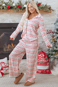 KaleaBoutique Comfortable Christmas Pattern Print Shirt Style Long 2pcs Pajama Set - KaleaBoutique.com