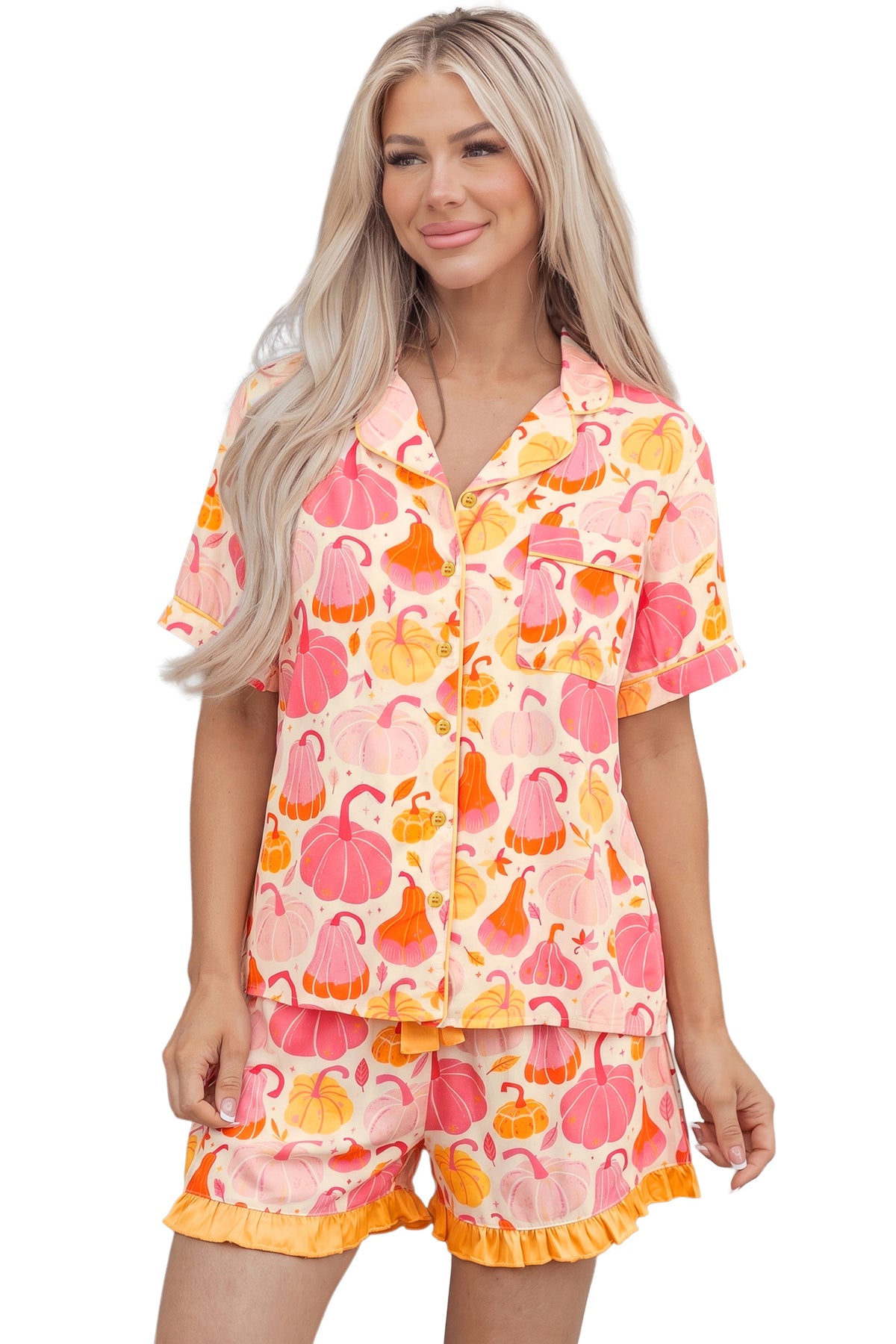 KaleaBoutique Stylish Short Sleeve Pumpkin Print Pocket Placket Shell Button Lounge Set - KaleaBoutique.com