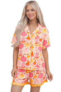 KaleaBoutique Stylish Short Sleeve Pumpkin Print Pocket Placket Shell Button Lounge Set - KaleaBoutique.com