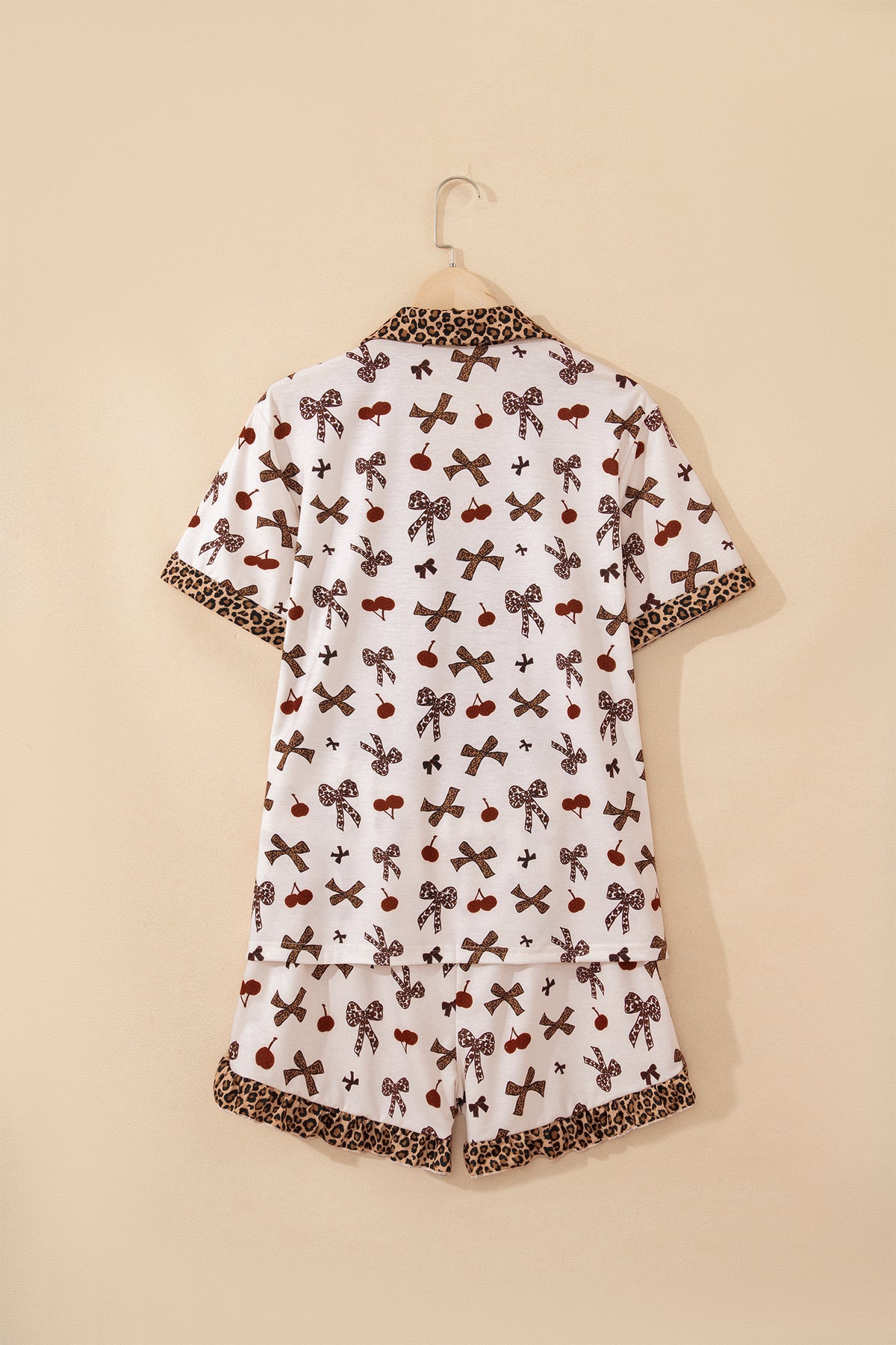 KaleaBoutique Stylish Chic Bow Cherry Printed Leopard Contrast Patchwork Shirt Drawstring Shorts 2pcs PJ Set - KaleaBoutique.com