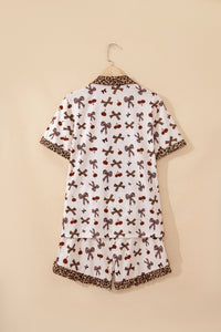 KaleaBoutique Stylish Chic Bow Cherry Printed Leopard Contrast Patchwork Shirt Drawstring Shorts 2pcs PJ Set - KaleaBoutique.com