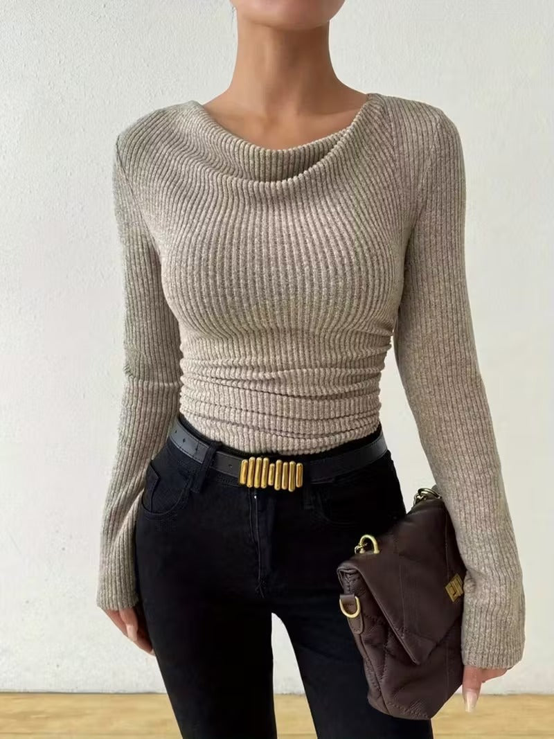 Women's Ribbed Cowl-Neck Long-Sleeve Pullover Sweater - KaleaBoutique.com