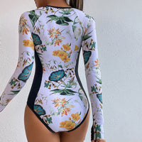 Women Floral Long-Sleeve Figure Flattering Zip Front One-Piece Swimsuit - KaleaBoutique.com
