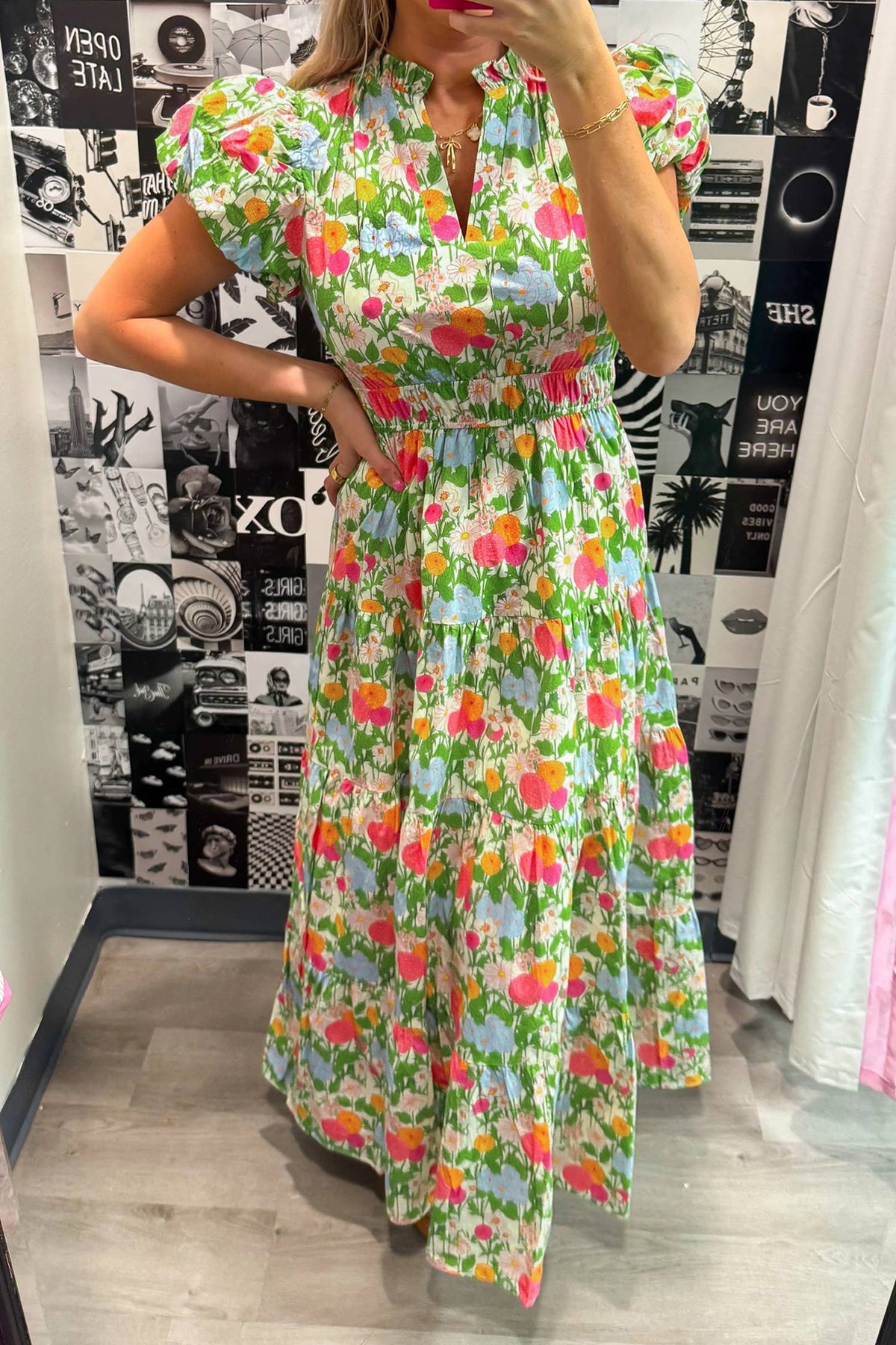 KaleaBoutique Comfortable Floral Print V Neck Short Puff Sleeve Cotton Maxi Dress - KaleaBoutique.com