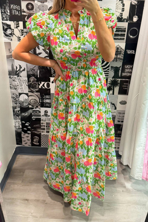KaleaBoutique Comfortable Floral Print V Neck Short Puff Sleeve Cotton Maxi Dress - KaleaBoutique.com