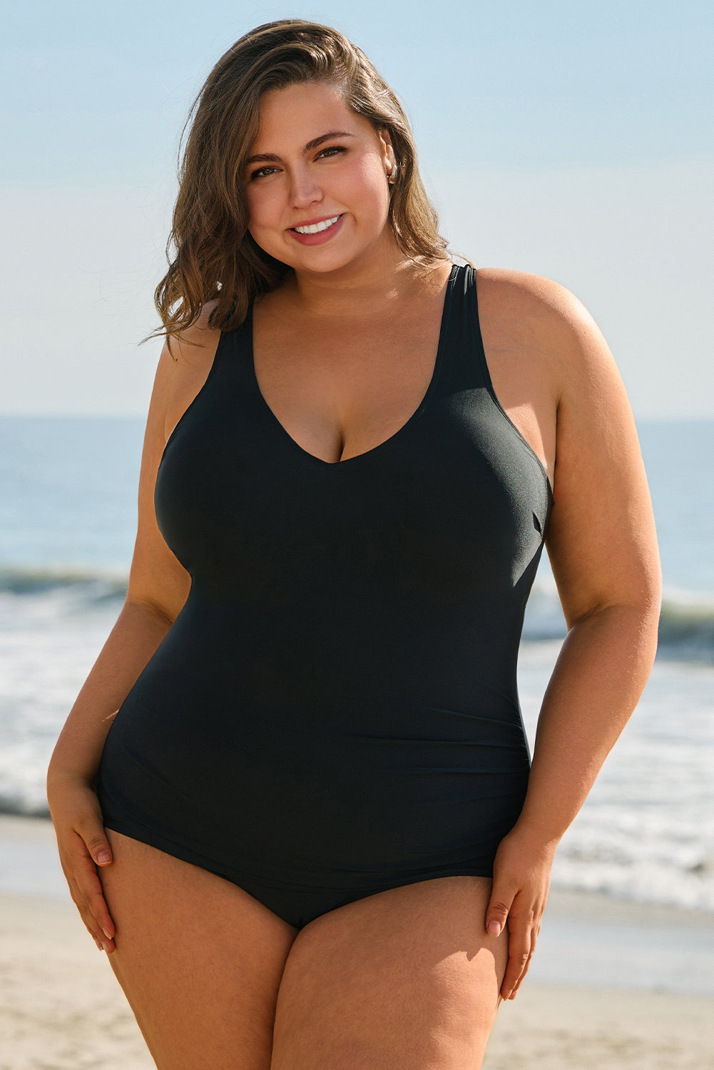 Solid Color U Neck Padded Plus Size One Piece Swimsuit - KaleaBoutique.com