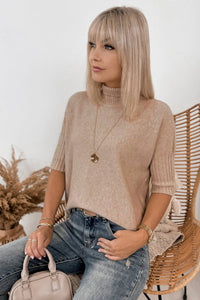 KaleaBoutique Comfortable Ribbed Trim High Neck Short Sleeve Casual Sweater - KaleaBoutique.com