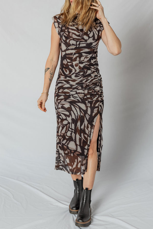 KaleaBoutique Abstract Print Mesh Cowl Neck Cap Sleeve Ruched Midi Dress with Slit - KaleaBoutique.com