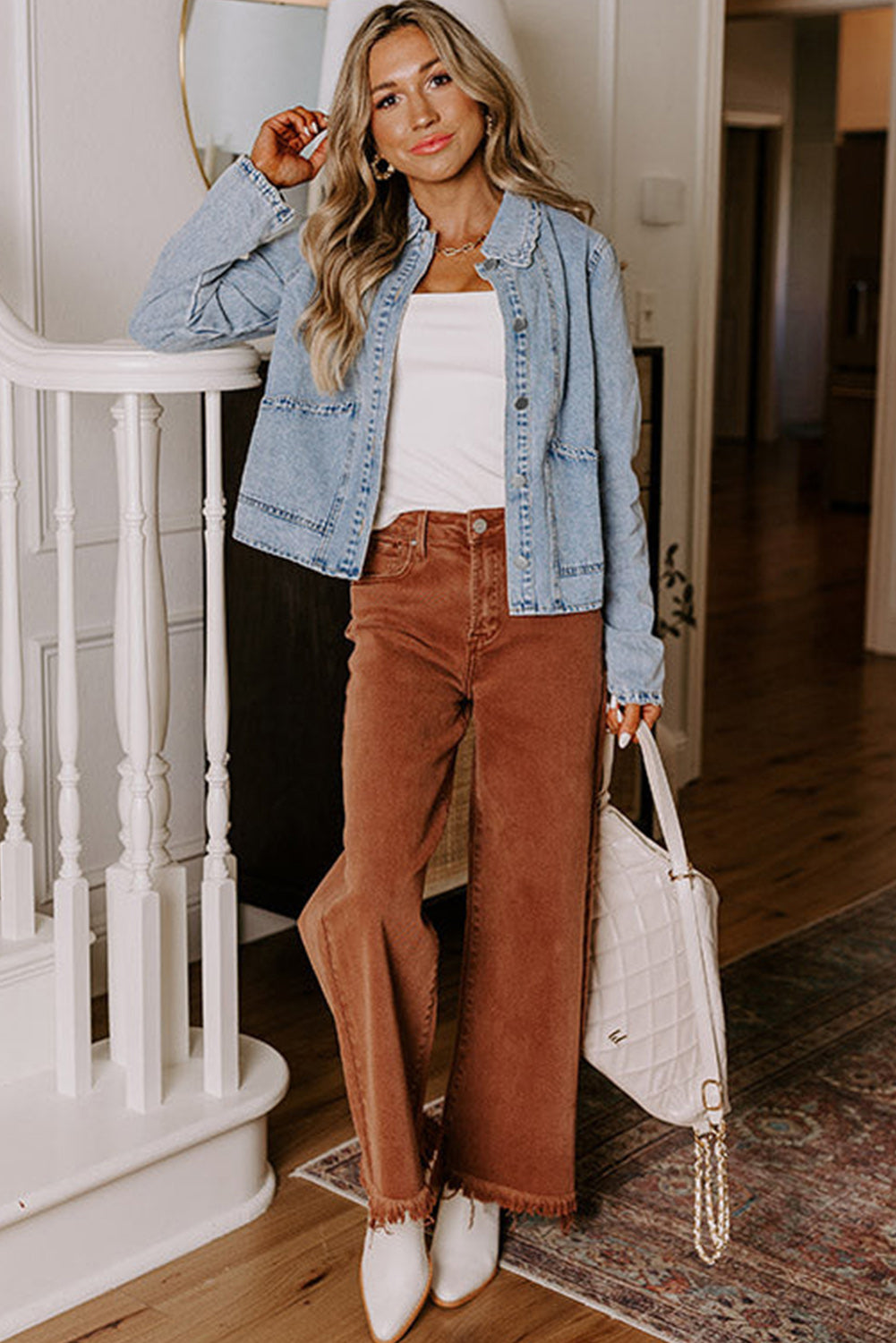 Scallop Trim Collar Patched Pocket Button Up Mineral Washed Denim Jacket - KaleaBoutique.com