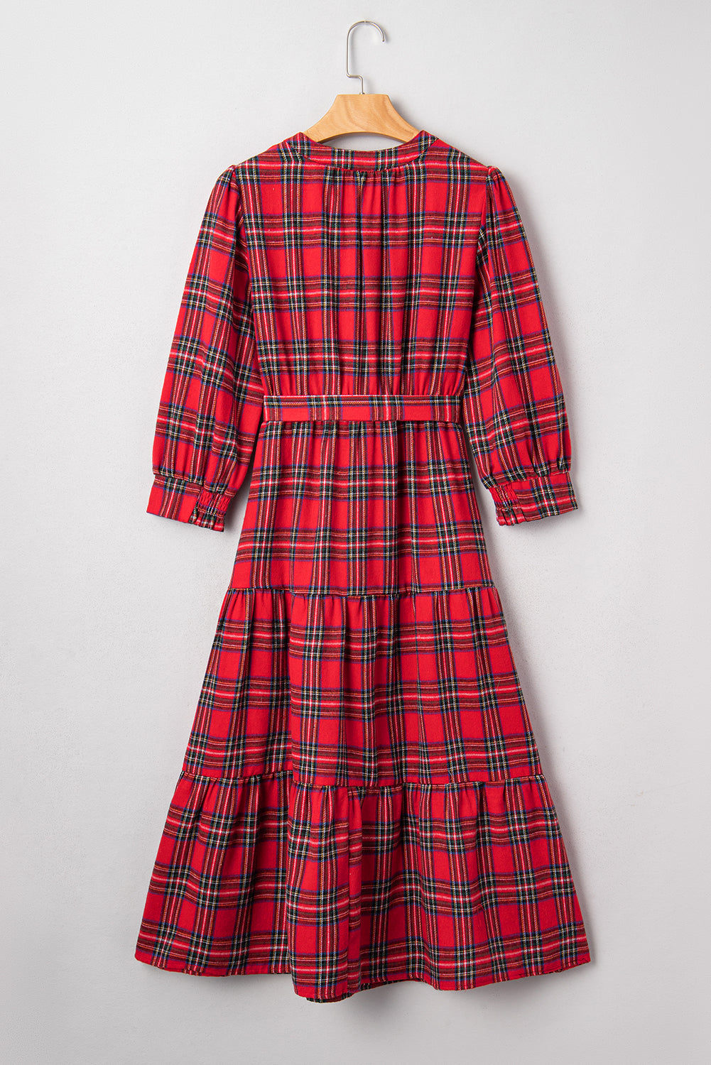 KaleaBoutique Christmas Plaid V Neck 3/4 Sleeve Tie Waist Ruffle Hem Long Dress - KaleaBoutique.com