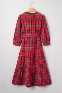 KaleaBoutique Christmas Plaid V Neck 3/4 Sleeve Tie Waist Ruffle Hem Long Dress - KaleaBoutique.com