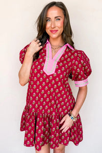Floral Print Contrasted V Neck Short Bubble Sleeve Mini Dress - KaleaBoutique.com