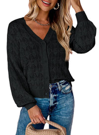 Women's Openwork V-Neck Button-Front Balloon-Sleeve Cardigan - KaleaBoutique.com
