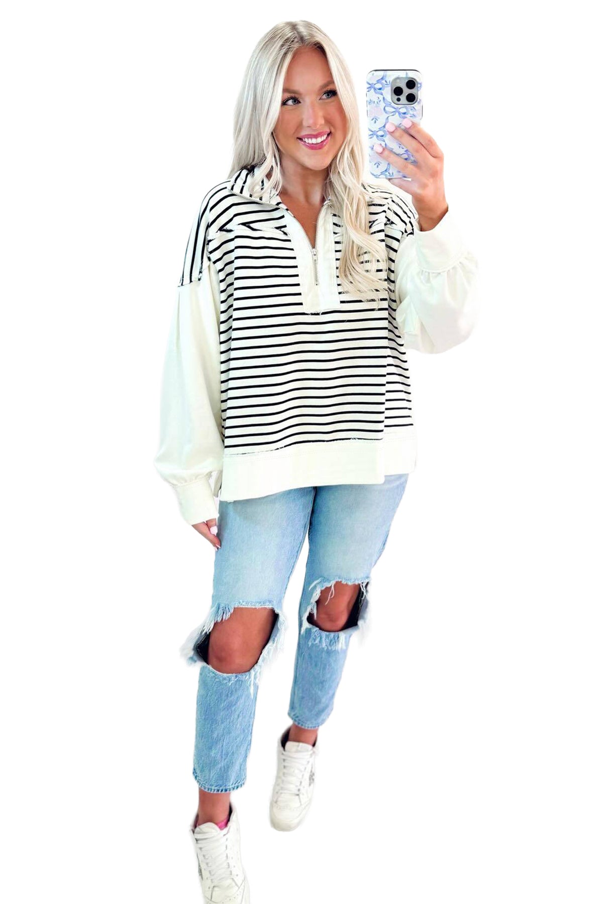 KaleaBoutique Comfortable Color Block Long Puff Sleeve Metal Zip-Up Collar Top - KaleaBoutique.com