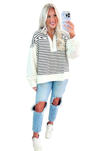 KaleaBoutique Comfortable Color Block Long Puff Sleeve Metal Zip-Up Collar Top - KaleaBoutique.com