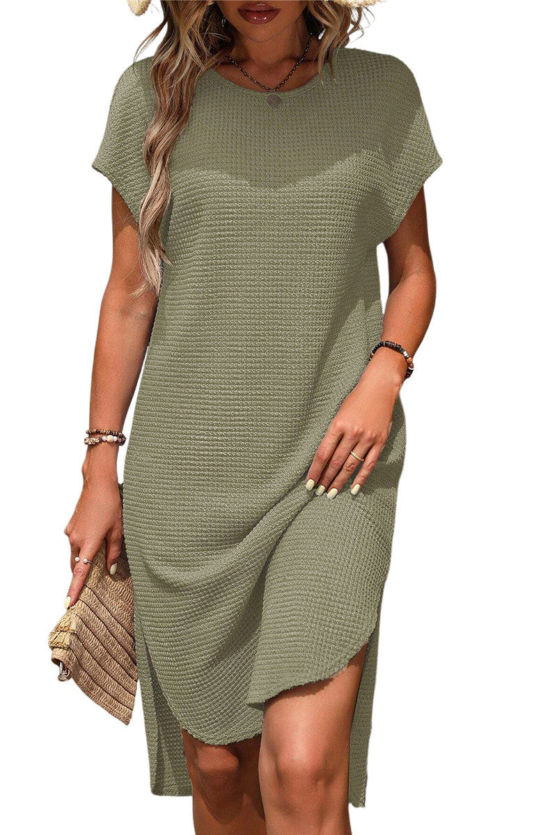 KaleaBoutique Stylish Waffle Texture Curved Hem Side Slit T-shirt Dress - KaleaBoutique.com