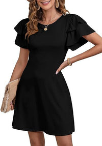 Women's Round-Neck Layered Flutter-Sleeve A-Line Dress - KaleaBoutique.com