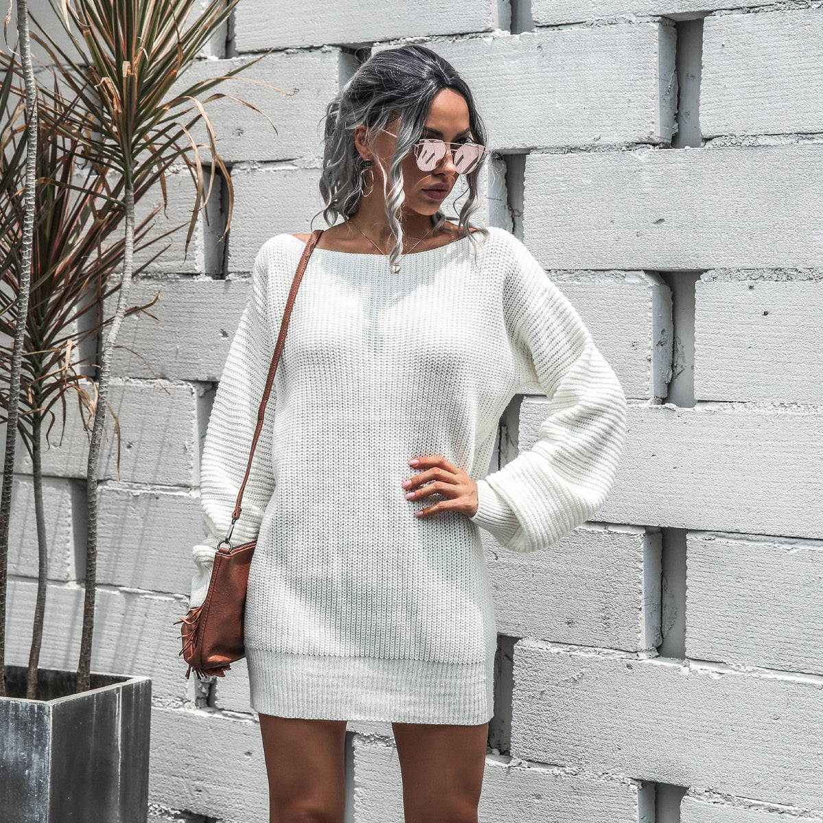 Women's Off-Shoulder Lantern-Sleeve Mini Sweater Dress - KaleaBoutique.com