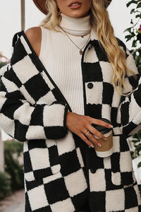 KaleaBoutique Checkered Side Pockets Collared Buttoned Fleece Jacket - KaleaBoutique.com