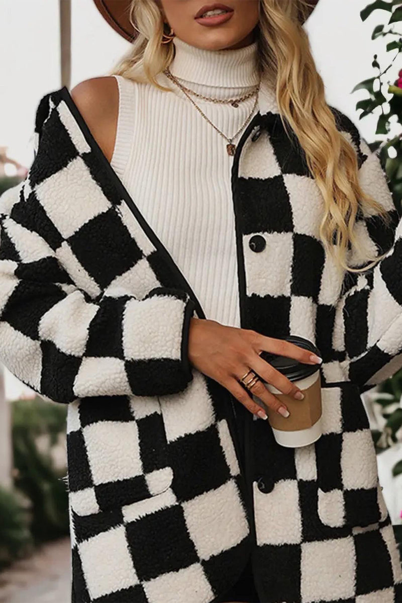 KaleaBoutique Checkered Side Pockets Collared Buttoned Fleece Jacket - KaleaBoutique.com