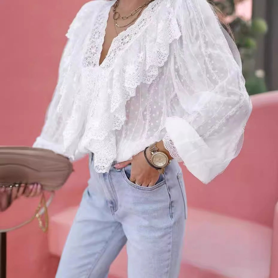 Women's Lace V-neck Patchwork Ruffled Shirt - KaleaBoutique.com