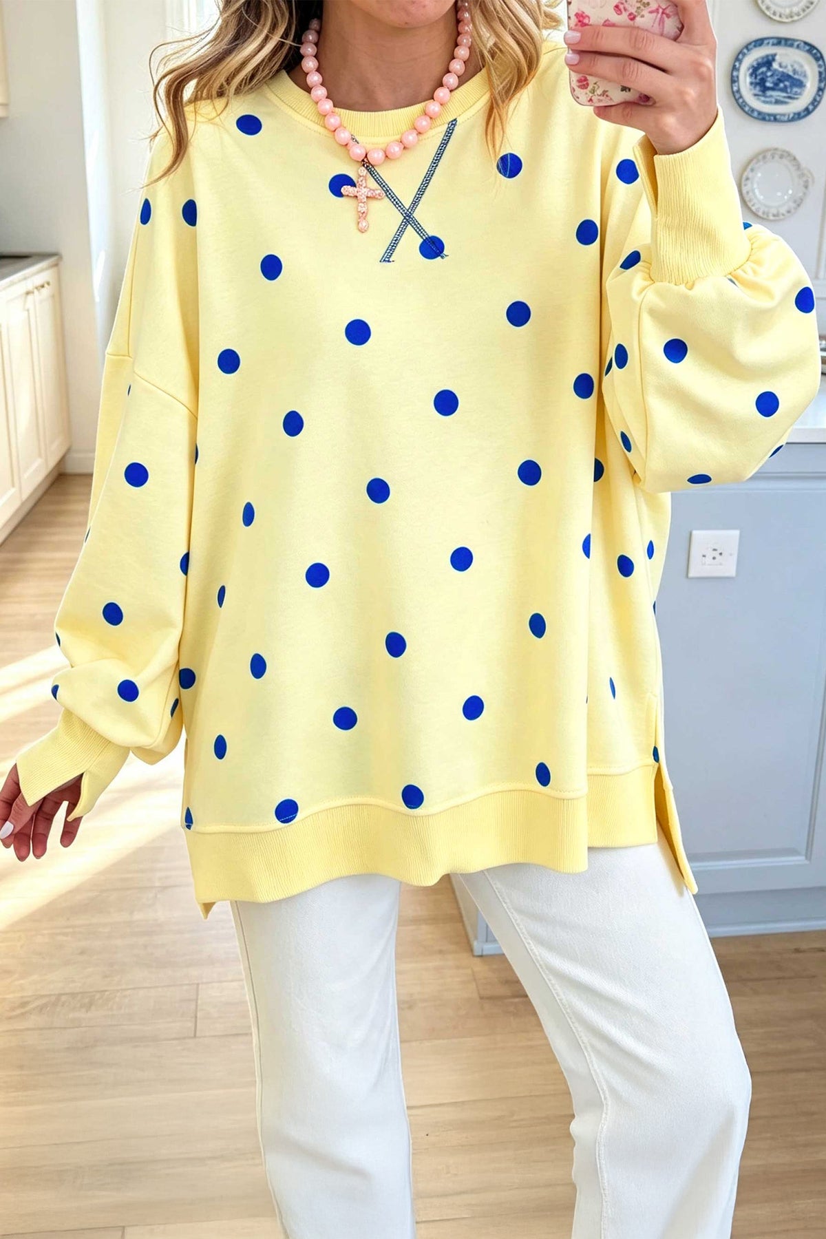 KaleaBoutique Polka Dot Loose Long Sleeve Split Hem Pullover Top - KaleaBoutique.com