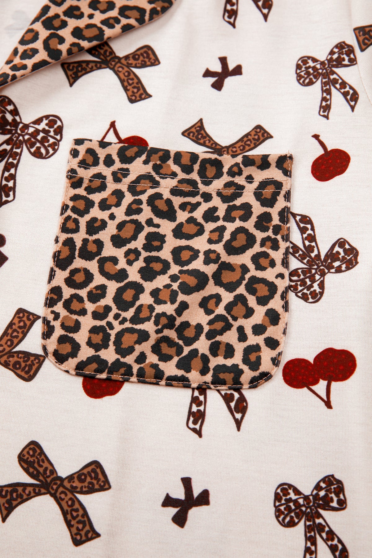 KaleaBoutique Stylish Chic Bow Cherry Printed Leopard Contrast Patchwork Shirt Drawstring Shorts 2pcs PJ Set - KaleaBoutique.com