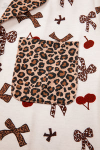 KaleaBoutique Stylish Chic Bow Cherry Printed Leopard Contrast Patchwork Shirt Drawstring Shorts 2pcs PJ Set - KaleaBoutique.com