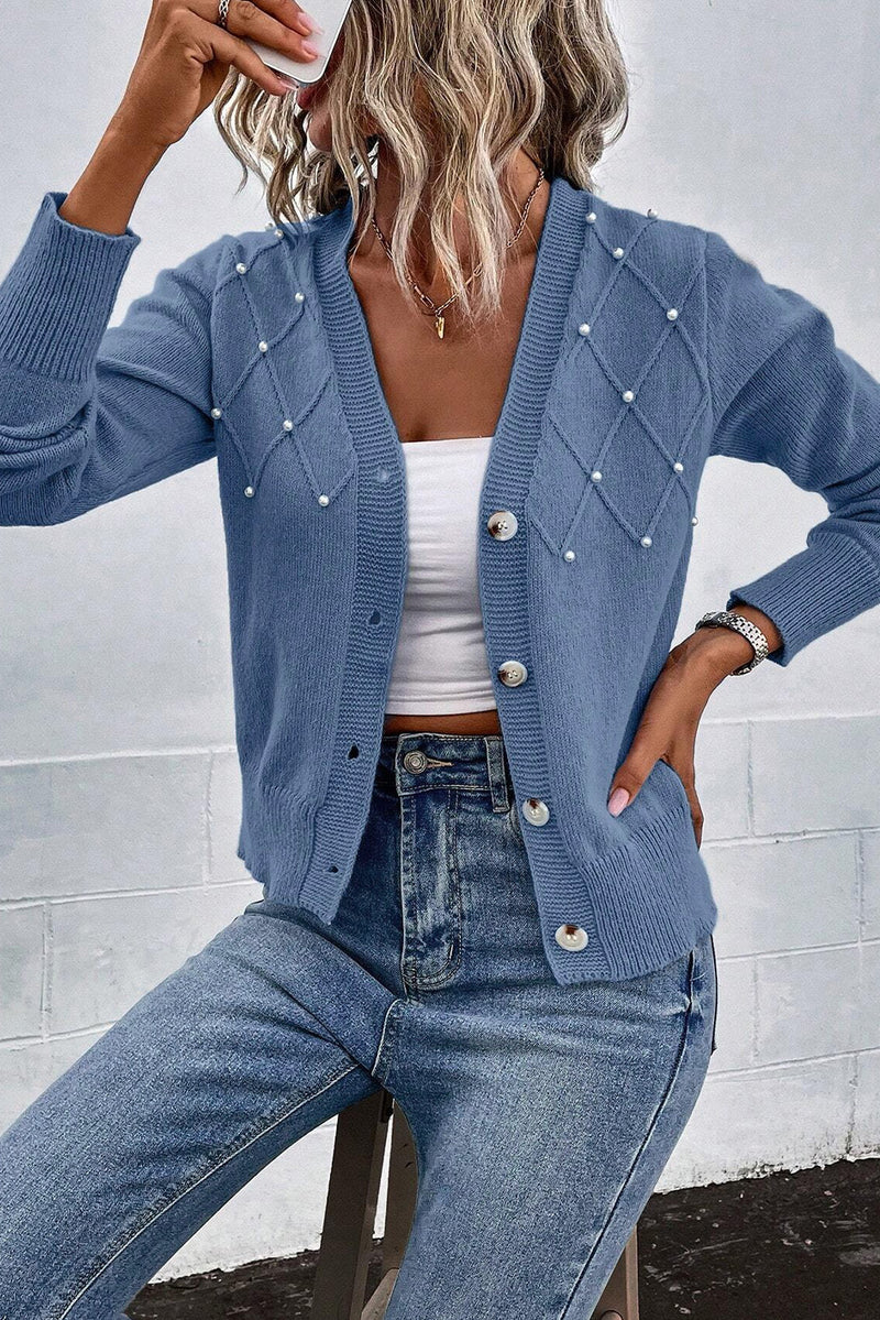 KaleaBoutique Textured Knit Pearl Beaded Button Up Cardigan - KaleaBoutique.com