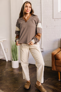 KaleaBoutique Stylish Collar V Neck Color Block Detail Long Sleeve Pullover Top - KaleaBoutique.com