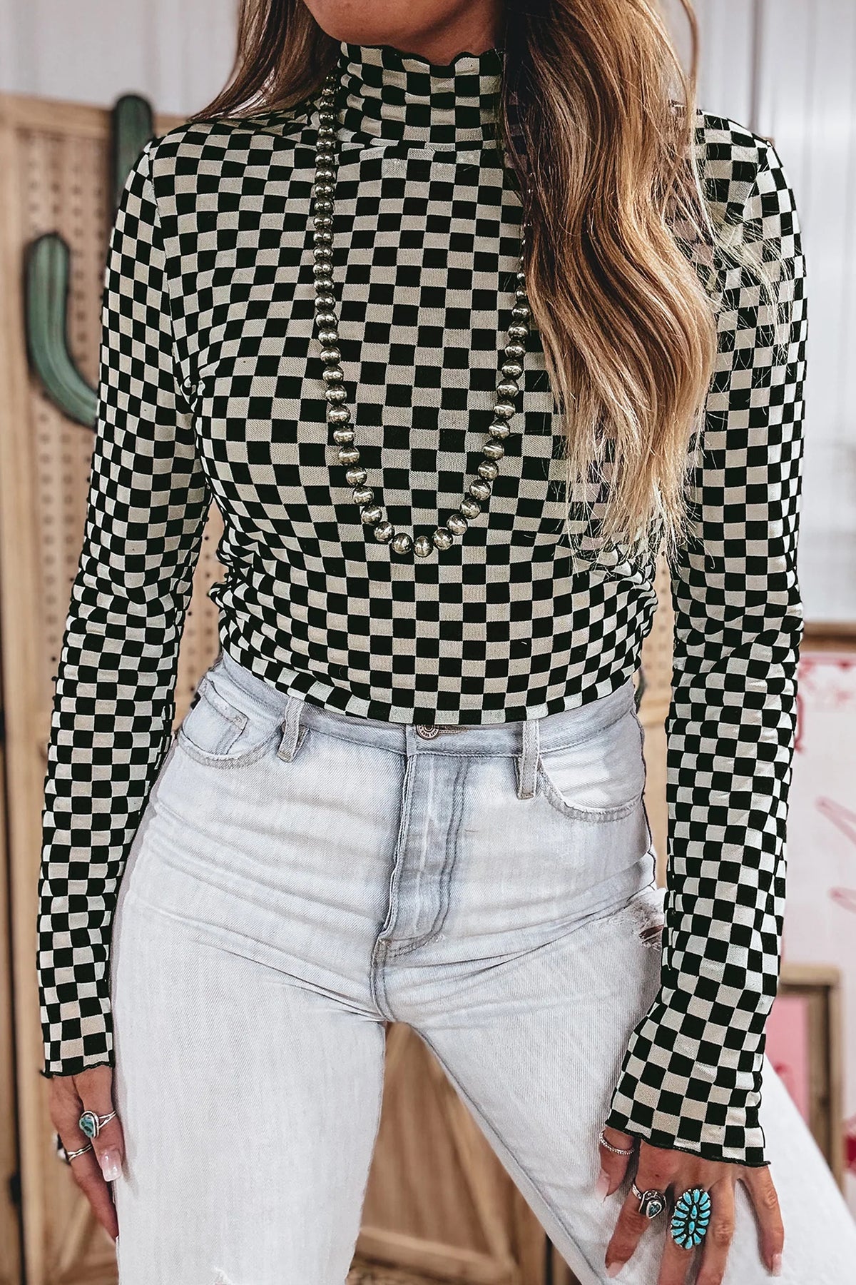 KaleaBoutique Stylish Plaid Stand Neck Long Sleeve Mesh Top - KaleaBoutique.com