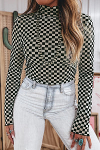 KaleaBoutique Stylish Plaid Stand Neck Long Sleeve Mesh Top - KaleaBoutique.com