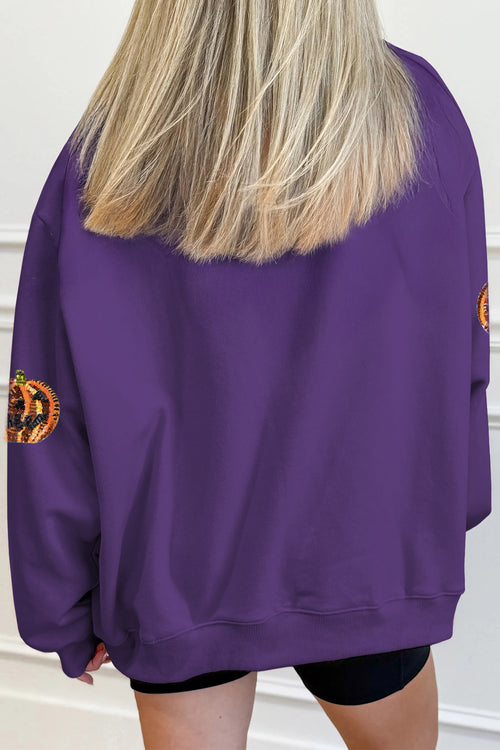 Purple Sequin Pumpkin SPOOKY Mock Neck Halloween Sweatshirt - KaleaBoutique.com
