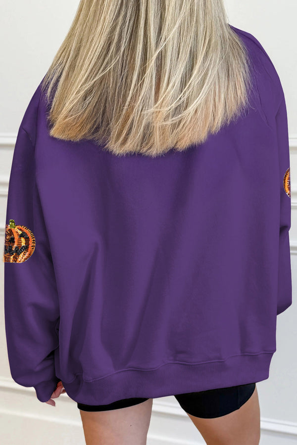 Purple Sequin Pumpkin SPOOKY Mock Neck Halloween Sweatshirt - KaleaBoutique.com