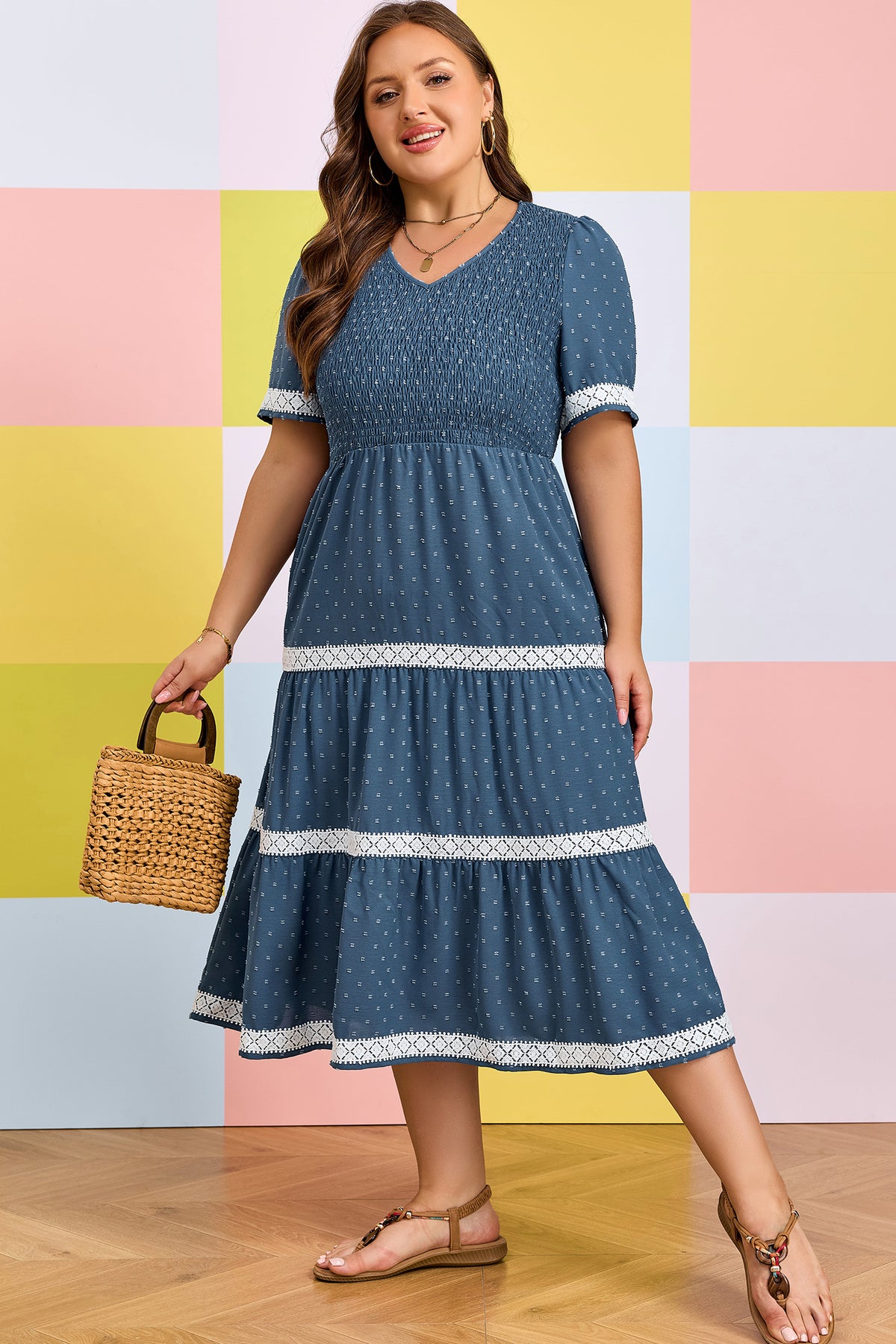 Dusk Blue Plus Size Swiss Dot Lace Tiered Midi Dress - KaleaBoutique.com