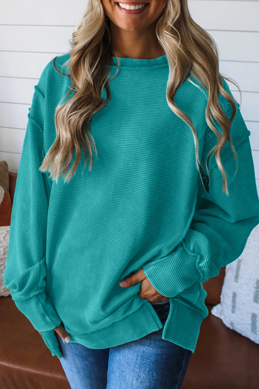 KaleaBoutique Stylish Horizontal Ribbed Exposed Seam Detail Drop Shoulder Baggy Pullover - KaleaBoutique.com