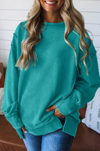 KaleaBoutique Stylish Horizontal Ribbed Exposed Seam Detail Drop Shoulder Baggy Pullover - KaleaBoutique.com