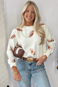 Sequin Football Print Round Neck Long Sleeve Loose Fit Sweater - KaleaBoutique.com