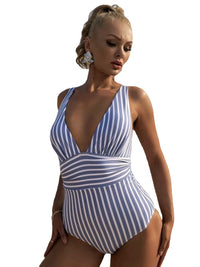 Women's Plunge V-Neck Striped One-Piece Swimsuit - KaleaBoutique.com