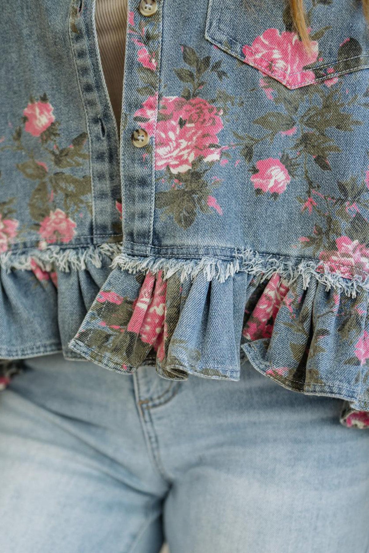 Floral Print Raw Seam Ruffle Hem Denim Jacket - KaleaBoutique.com