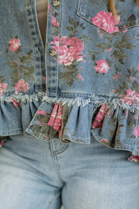 Floral Print Raw Seam Ruffle Hem Denim Jacket - KaleaBoutique.com