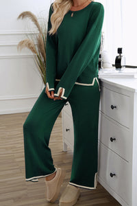 KaleaBoutique Stylish Contrast Trim Split Cuffs Long 2pcs Sweater Outfit Loungewear - KaleaBoutique.com