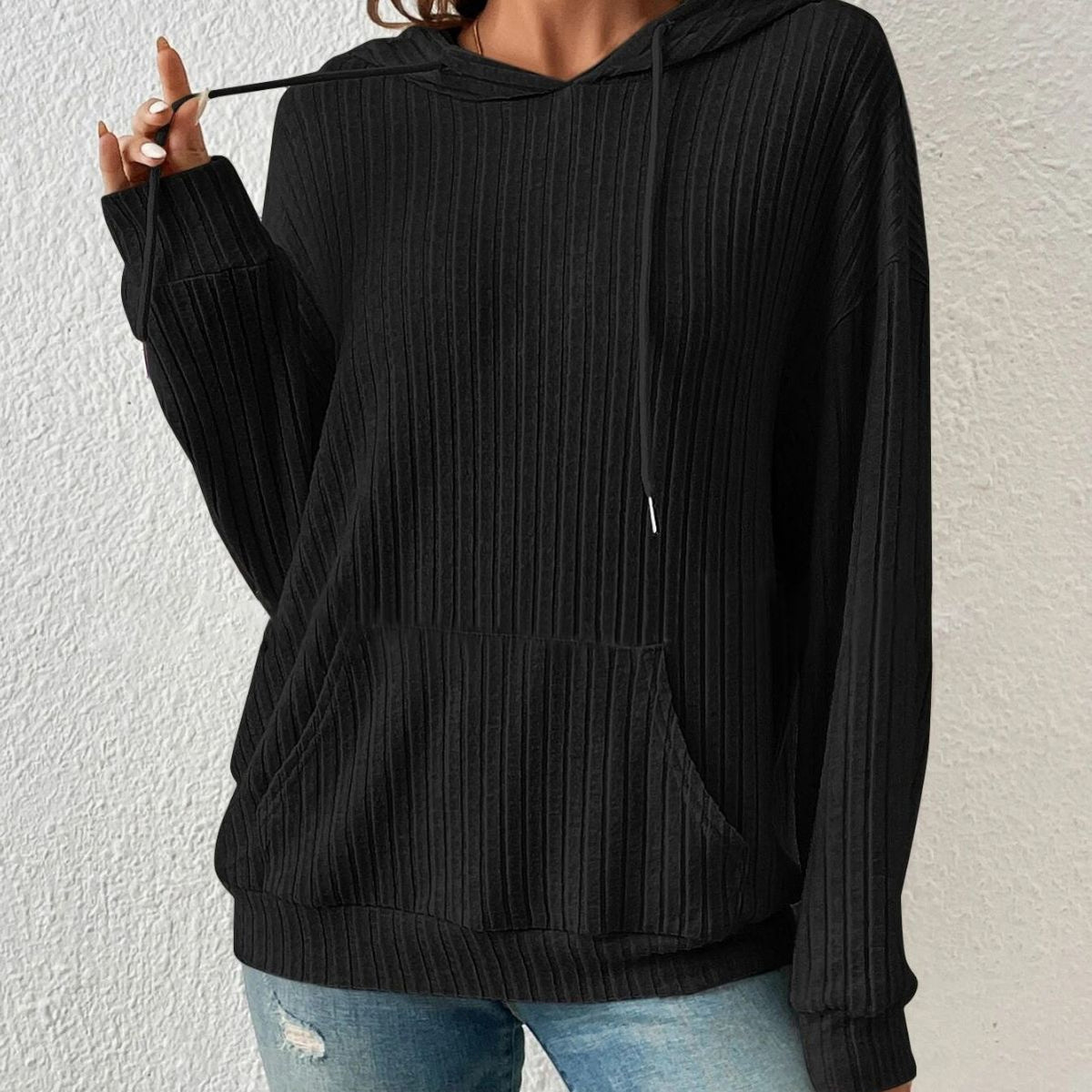 Women's Ribbed Drawstring Pullover Hoodie with Kangaroo Pocket - KaleaBoutique.com