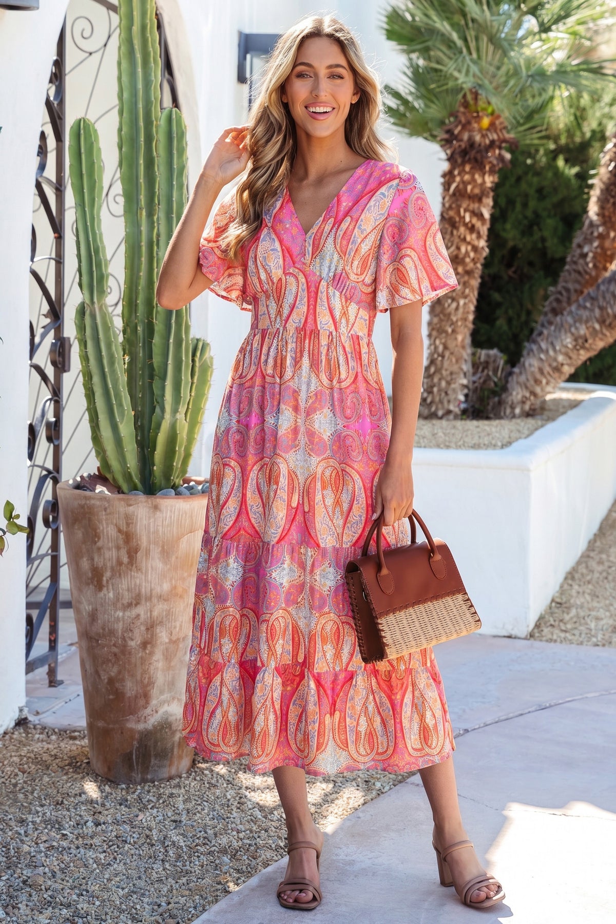 KaleaBoutique Comfortable Paisley Print V-Neck Short Sleeve Boho Maxi Dress with Ruffle Details - KaleaBoutique.com